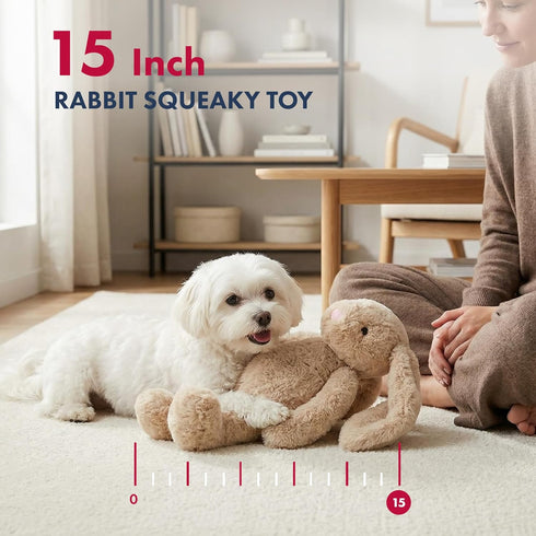 15-Inch Pet Lou Rabbit Dog Squeak Toys, Durable Plush with Crinkle Interactive Dog Toy, Not for Heavy Aggressive