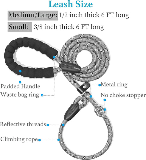 iYoShop 6 FT Durable Slip Lead Dog Leash with Padded Handle and Highly Reflective Threads, Dog Training Leash, (Medium/Large, 35~120 lbs., Grey)