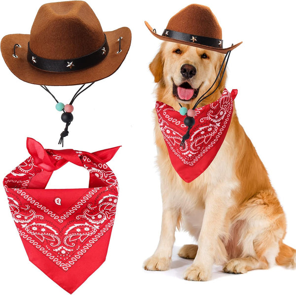 Yewong Pet Cowboy Costume Accessories, Dog Cat Size Cowboy Hat & Bandana Scarf Set of 2 for Puppy Kitten Party (Coffee)