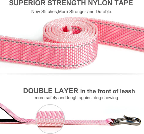 Fida 5 FT Heavy Duty Dog Leash with 2 Padded Handles, Reflective Walking Lead for Large, Medium & Small Dogs, Pink