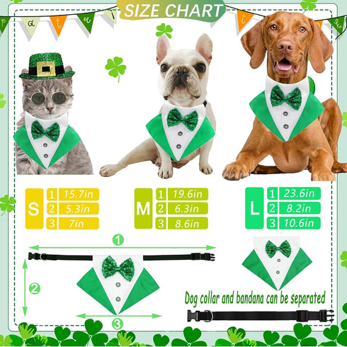 2 PCS St. Patrick's Day Dog Costume Bandana and Top Hat, Green Bow Tie Tux Clothes for Dogs and Cats (Large).