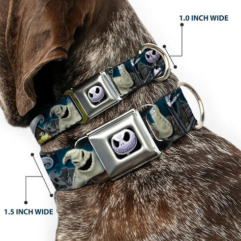 Dog Collar Seatbelt Buckle Nightmare Before Christmas 4 Character Group Cemetery Scene, 16 to 23 Inches, 1.5 Inch Wide