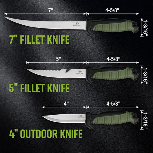 Mossy Oak 3-Piece Fishing Fillet Knife Set with Protective Sheath, Stainless Steel Filet Knives with Non-Slip Handle, Bait Knife for Filleting and Boning (Military Green) by Mossy Oak