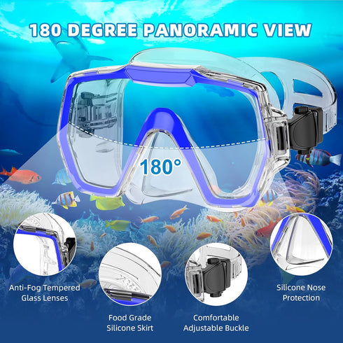 Snorkel Set for Adults, Anti-Leak and Anti-Fog Tempered Glass Lens Swim Mask with Dry Top Snorkel Kit