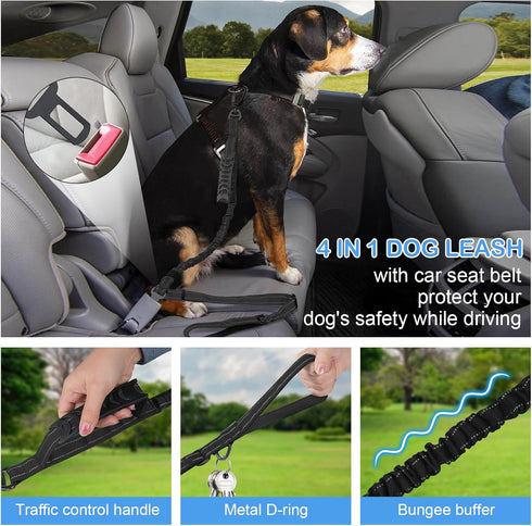 Tactical Dog Leash Heavy Duty, 4-6FT Shock Absorbing Bungee Leash with 2 Padded Handles for Medium Large Dogs, Black