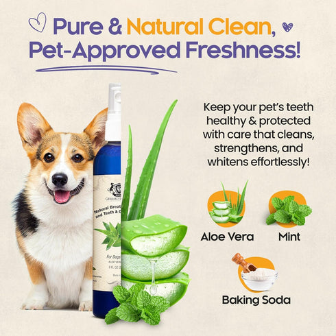 8 oz Dog Mouthwash, Dog and Cat Breath Spray with Baking Soda - Natural Dog Breath Fresheners with Mint and Aloe Vera