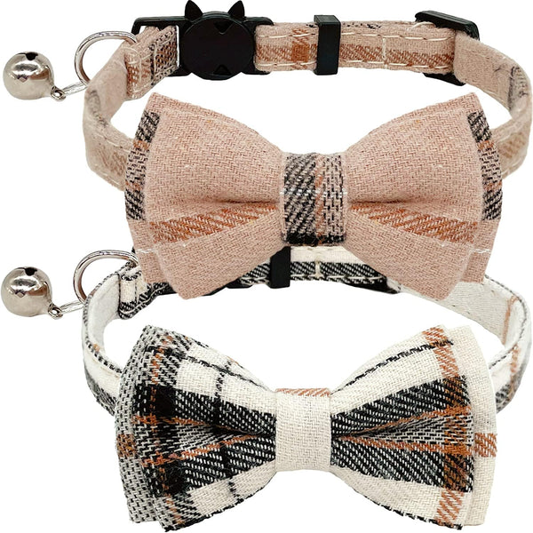 KUDES 2 Pack Cat Collars Set, Breakaway Cat Collar with Cute Bow Tie and Bell, Adjustable for Kitten and Puppies