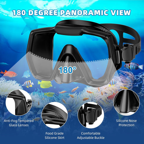 Snorkel Set for Adults, Anti-Leak and Anti-Fog Gear, Tempered Glass Lens, Dry Top Snorkel Kit with Carry Bag