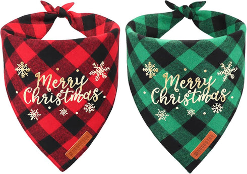 ADOGGYGO 2 Pack Christmas Dog Plaid Bandana Triangle Bib Set, Scarf Accessories for Medium Large Dogs