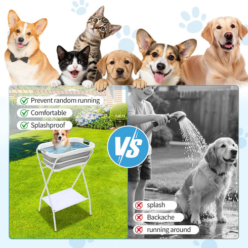GDIFLS 38.8 Inch Foldable Pet Bathtub with Stand - Height Elevated Bathing Tub for Cats & Small Dogs, Drainage Tube
