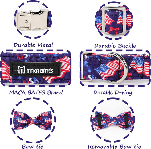 Maca Bates American Flag 4th of July Dog Collar - Bowtie Adjustable Breakaway Patriotic Accessories for Small Medium
