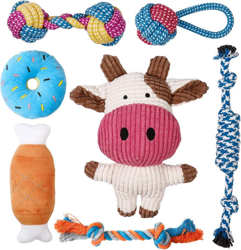 Toozey 7 Pack Small Dog Toys - Puppy Teething Toys - Durable Ropes and Cute Calf Squeaky Dog Toys