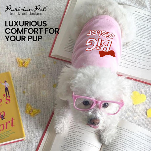 Parisian Pet Dog T-Shirt with Embroidered 'Big Sister', Breathable, Sleeveless Pet Vest, Machine Washable Pink Dog