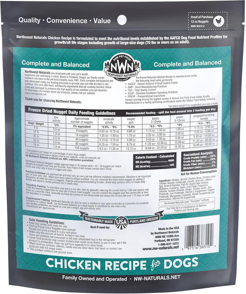 12 Oz Northwest Naturals Freeze-Dried Chicken Dog Food - Bite-Sized Nuggets - Grain-Free, High-Protein, Raw Diet