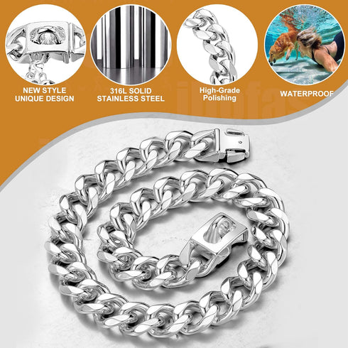 Stainless Steel Dog Chain Collar, 19mm Cuban Link with Snap Buckle and Dog Tag for Puppy Small Medium Large Dogs (24")