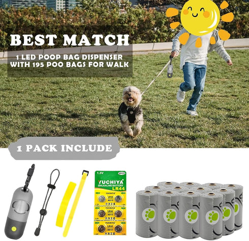 (1 195 Dog Poop Bags Holder with LED Flashlight|Pet Waste Bags Dispenser for Leash|Doggie Potty Bags Container
