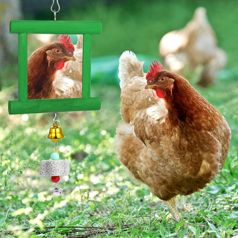 Dplolng Chicken Mirror Toys with Bells, Hanging Swing Mirror, Wooden Pecking Toy, Beak Grinding Molar Stones for Hens