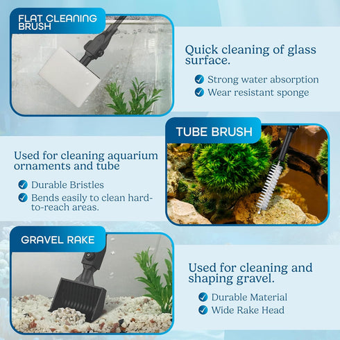 Aquarium Cleaning Tools 7 in 1, Fish Tank Cleaning Kit with Algae Scraper, Long Handle, Fish Net