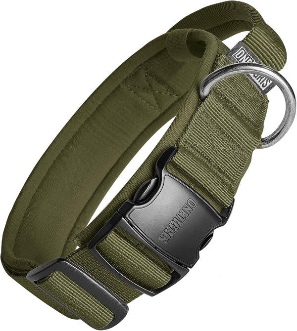 Tough Tactical Dog Collar with Handle, Military Adjustable Collar with Heavy Duty Metal Buckle, Large, Green