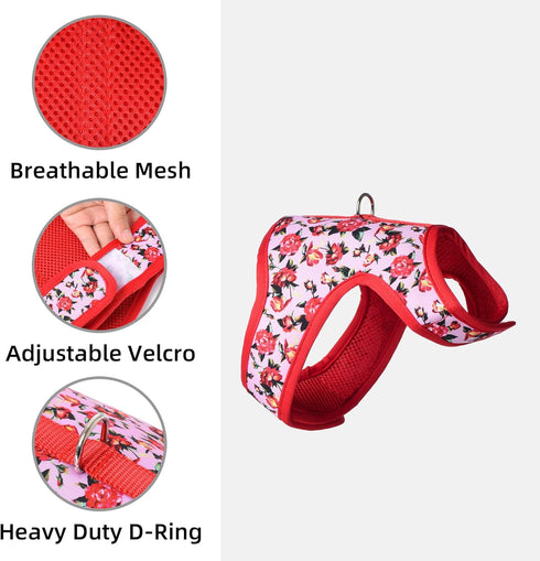 Mile High Life Velcro Dog Harness, Air Mesh Floral Vest for Small Dogs & Cats, Adjustable Easy Closures (Peony Rose, S)