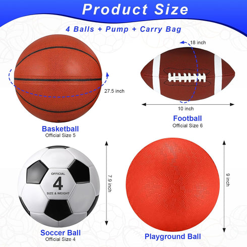 4 Set Deekin Pcs Sport Balls for Kids Teens, Include Official Size Basketball Soccer Football Playground Ball and Pump