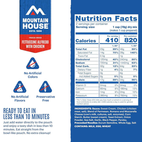 2 30-Year 2-Pack Mountain House Fettuccine Alfredo with Chicken | Freeze-Dried Food for Camping, Servings, Shelf-Life