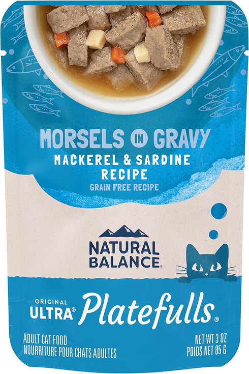 Natural Balance Original Ultra Platefulls Indoor Adult Grain Free Wet Cat Food, Mackerel & Sardine Recipe, 3 oz Pouch
