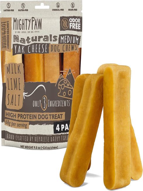 Mighty Paw Yak Cheese Chews for Dogs - All-Natural Long Lasting Treats for Puppies & Power-Chewers (Medium, 4 Pack)