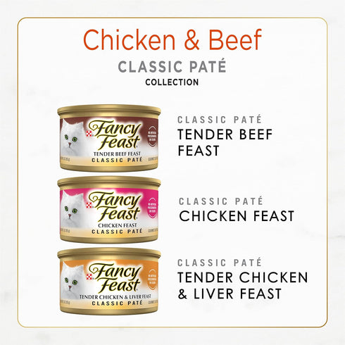Pack (Pack 24) 3 Oz. Purina Fancy Feast Chicken and Beef Classic Pate Collection Grain Free Wet Cat Food Variety