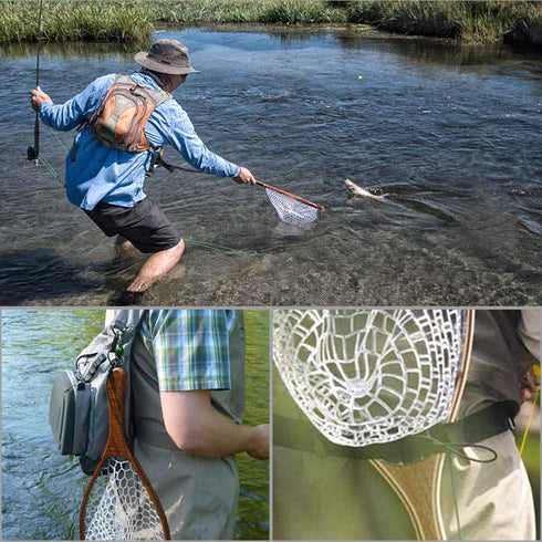 PLUSINNO Fly Fishing Net, Wooden Frame Landing Net with Magnetic Release, Soft Rubber Mesh for Trout Bass Catch
