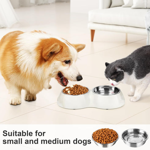 Double Dog Bowl Set - includes Two 6.9 fl oz Stainless Steel Bowls & Elevated Base, Ideal for Small to Large Pets, Feeding Solution for Dogs, Cats, Puppies - White