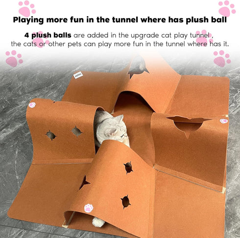 4-Way Interactive Cat Tunnel Mat for Indoor Cats, Felt Cat Cave with Hanging Ball, Foldable Kitty Play Mat and Hideout