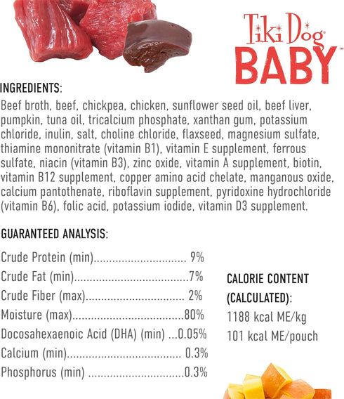 3 oz. (12 Count) Tiki Dog Baby Mousse Wet Dog Food for Puppies, Beef & Beef Liver, Pouch