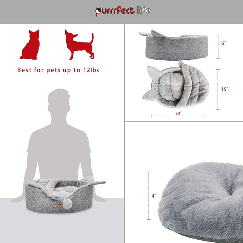 Oval Pet Beds for Cats and Small Dogs, Snuggery Bed with Attached Blanket, Washable High Resilience PP Cotton (Small,