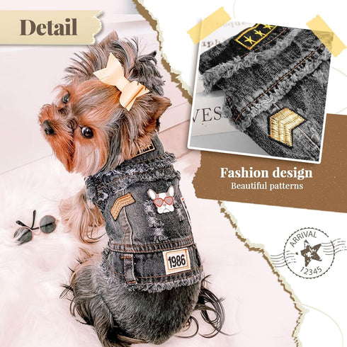 Cool Black Dog Jean Jacket Small Pet Outfits Dog Clothes for Small Medium Dogs Cats Boys Girls Pet Vest Denim Coats Puppy Shirts Doggy Costume Clothing for Shih tzu Chihuahua Yorkie Teacup