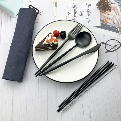 JASHII Portable 7-Piece Camping Cutlery Set, 304 Stainless Steel Utensils including Knife Fork Spoon, Black - Blue Pouch