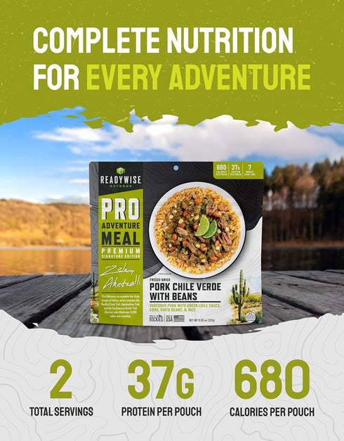 2 1 680 37g 5 ReadyWise Outdoor Pro Adventure Meal - Pork Chile Verde with Beans, Servings, Pouch, Gluten Free