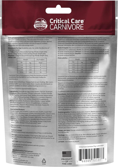 70 Oxbow Critical Care Carnivore, Made with Whole Egg & Dried Chicken, Assist Feeding Formula for Carnivores, Cat
