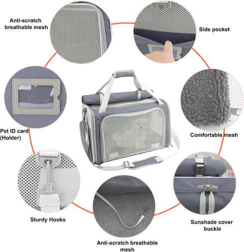 Texsens Pet Carrier - Soft-Sided Cat Carrier for Small/Medium/Large Cats & Puppies Up to 16 lbs, TSA Approved (Grey)