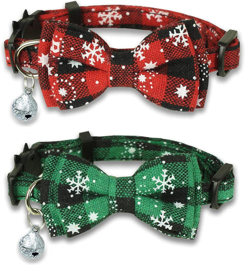 Pohshido 2 Pack Christmas Cat Collar with Movable Bowtie, Breakaway Buckle Safety Kitty Kitten Collar, Adjustable Pet