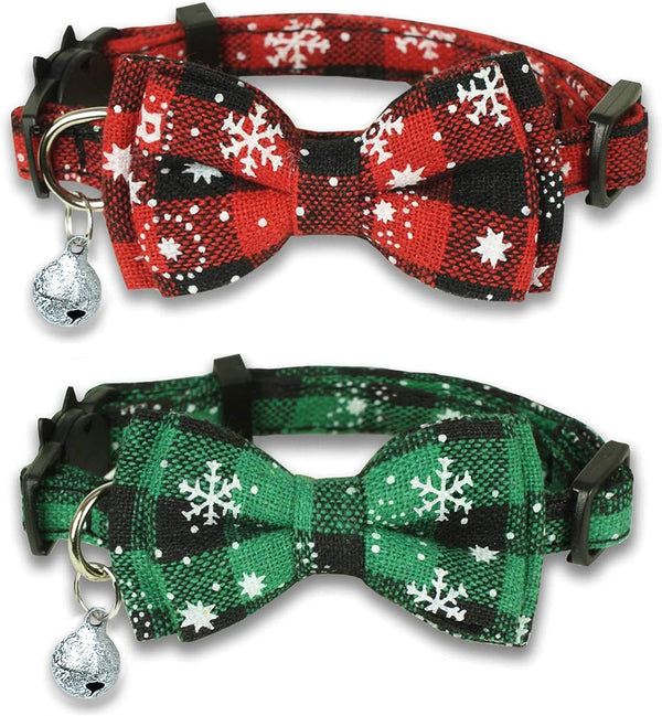 Pohshido 2 Pack Christmas Cat Collar with Movable Bowtie, Breakaway Buckle Safety Kitty Kitten Collar, Adjustable Pet