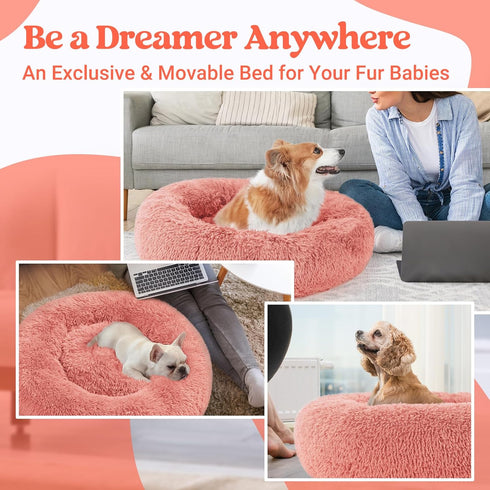 rabbitgoo Calming Dog Bed for Small Medium Dogs, 30 inches, Machine Washable, Non-Slip Round Fluffy Plush Faux Fur, Pink