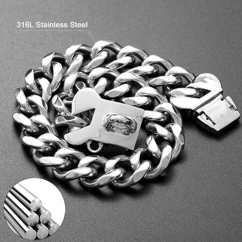 Silver Chain Dog Collar, 19mm Stainless Steel Cuban Link with Secure Snap Buckle for Small Medium Pitbull (19MM, 22")