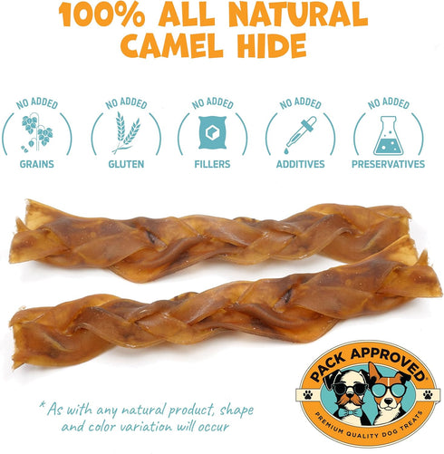 6" Braided Camel Sticks - Long Lasting Dog Chews for Aggressive Chewers - Rawhide Alternative, Grain free, One Ingredient Dog Treats - Great for Dog Dental Care - (10 pack)
