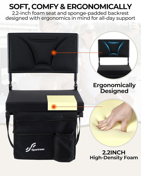 Sportneer Stadium Seats with Back Support: Height Adjustable Thick Padded Stadium Seats with Pocket, Shoulder Strap