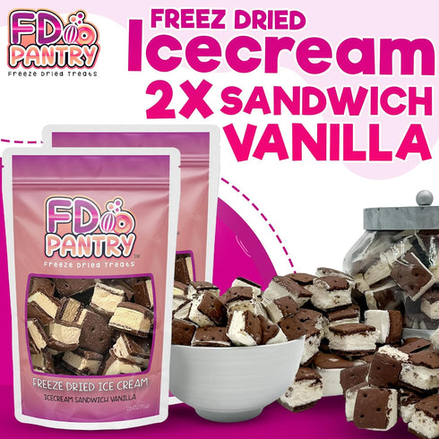 2 Pack, 2.5 oz, Freeze Dried Ice Cream Sandwich Bites, Vanilla, Crunchy & Sweet Snack, Dehydrated, Resealable Gift Bag