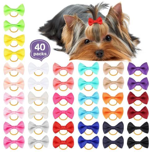 Chenkou Craft 40pcs Puppy Yorkie Dog Hair Bow, Pure Ribbon with Rubber Band, 40mm, Mix Colors, Pet Grooming Products