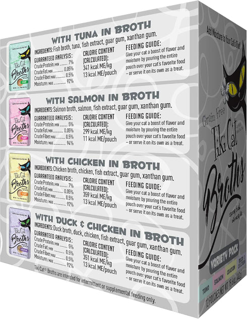 Tiki Cat Born Carnivore Broths Variety Pack, Meaty Bites, Hydration and Flavor Supplement, 1.3 oz. Pouch (Pack of 12)