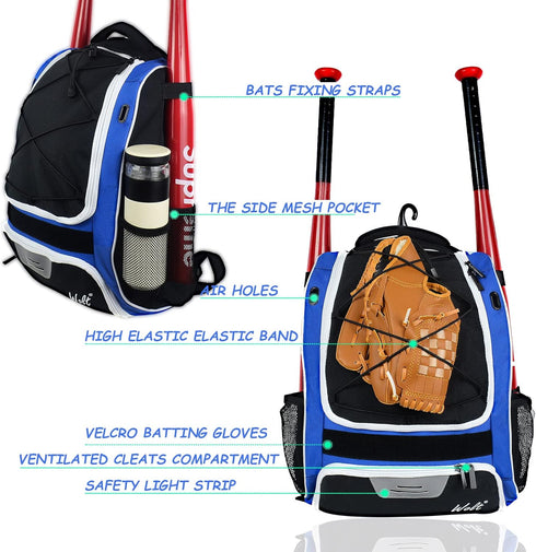 WOLT Youth Baseball Bag - Bat Backpack for T-Ball & Softball Equipment, Large Compartment for Helmet & Accessories