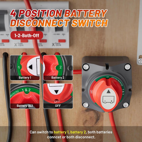 1-2-Both-Off 12V-48V 200A, w/M8 RED WOLF Battery Switch DC Heavy Duty Marine Battery Power Cut Master Switch Disconnect